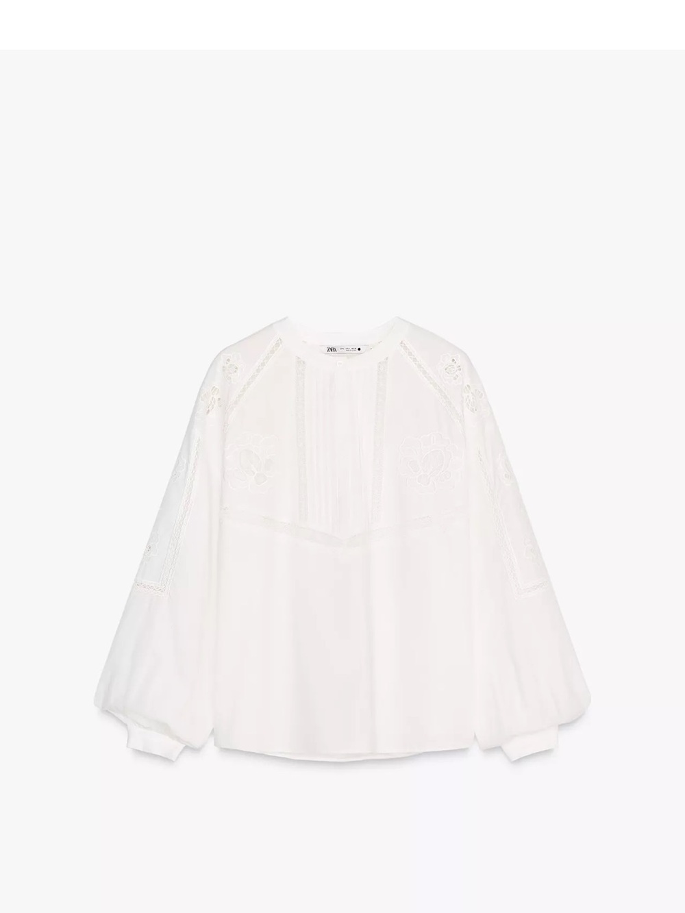 Zara White Embroidered Balloon-Sleeve Blouse